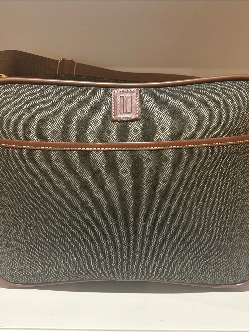Patterned Brown Travel Shoulder Bag with Tan Trim